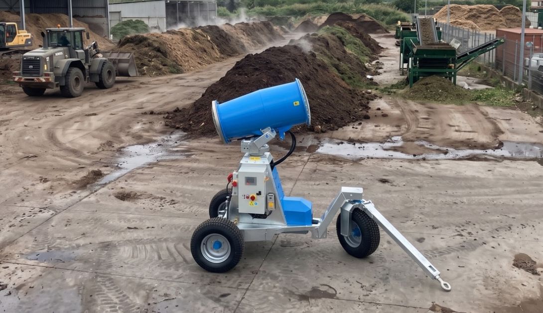 Cannone nebulizzatore all'interno di un impianto di compostaggio e biomasse